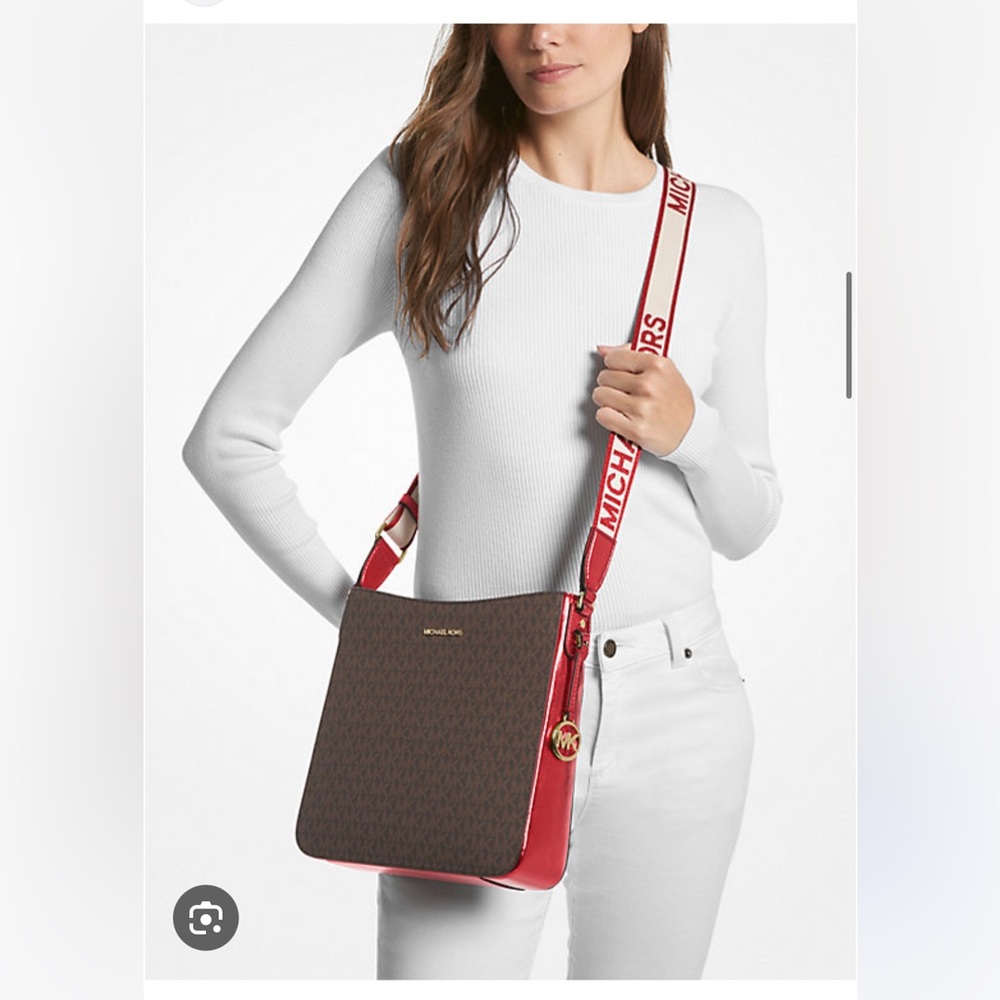 ♥️ Michael Kors Jet Set Large Messenger Crossbody Brown MK / Crimson Red NWT